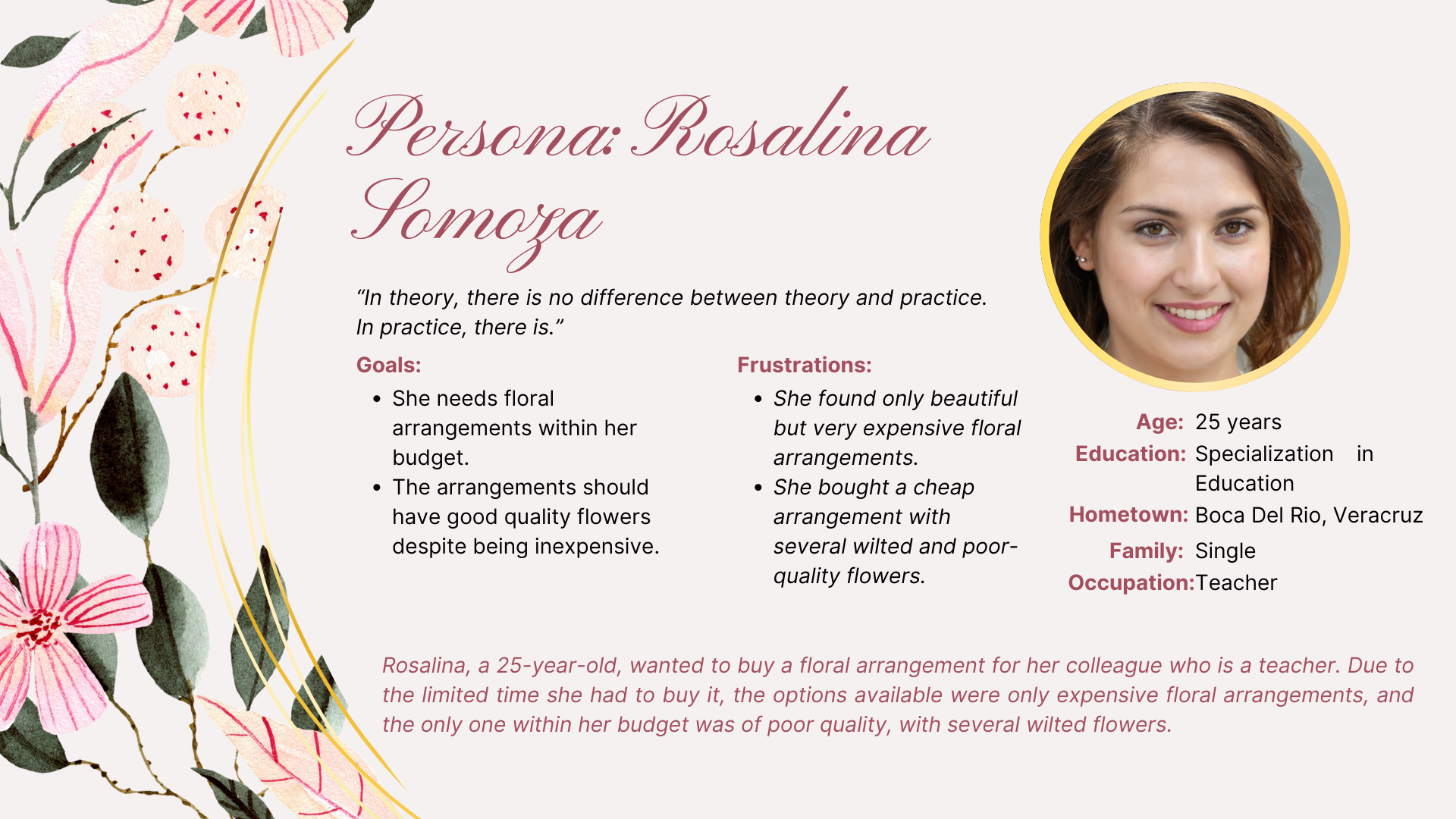 Representative Persona of the flower shop users, named Rosalina Somoza.
